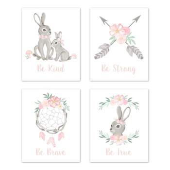 Sweet Jojo Designs Girl Unframed Wall Art Prints for Décor Bunny Floral Pink Grey and White 4pc