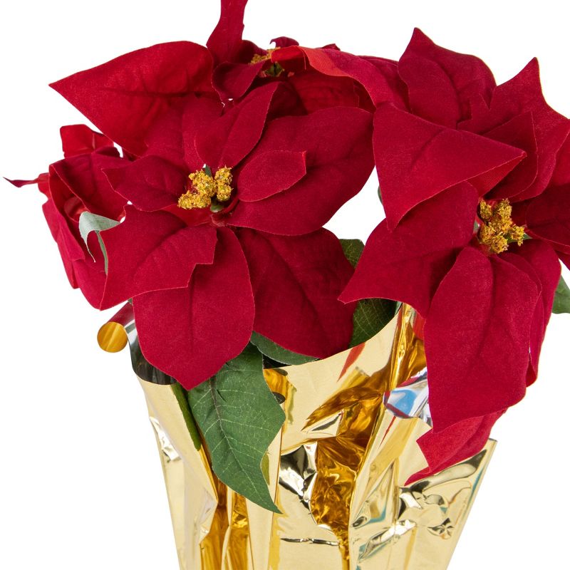 Northlight 16" Red Artificial Christmas Poinsettia Arrangement with Gold Wrapped Pot, 5 of 6