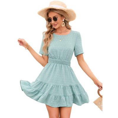Coolmee Women's Summer Dresses Casual Square Neck Dresses Ruffle Short Sleeve   Dot Flowy Mini Dress