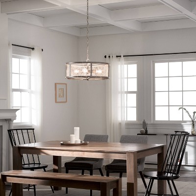 Rustic Farmhouse Woodgrain Metal Drum Chandelier with Mesh Sides