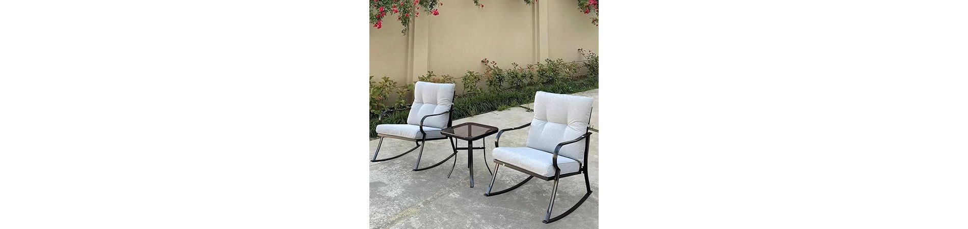 Rocker Set Chair and  Outdoor Patio Bistro Set with Metal Frame and Waterproof Cushions for Porch, Backyard, and Poolside  Off White