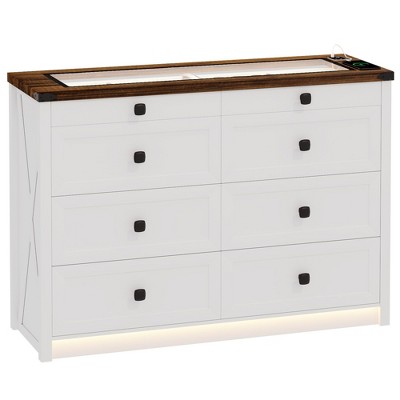 Fredees Farmhouse Dresser for Bedroom, 8-Drawer Wood Chest with LED Light, Charging Station & Human Sensor for Closet, Living Room, Hallway