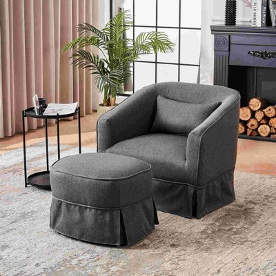 CAVINAS Linen Swivel Barrel Accent Chair with High Backrest and Ottoman,Upholstered Swivel Living Room Chairs,Reading Chairs for Living Room