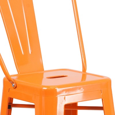 Bright Orange Metal 30" High Indoor-Outdoor Barstool with Slat Back