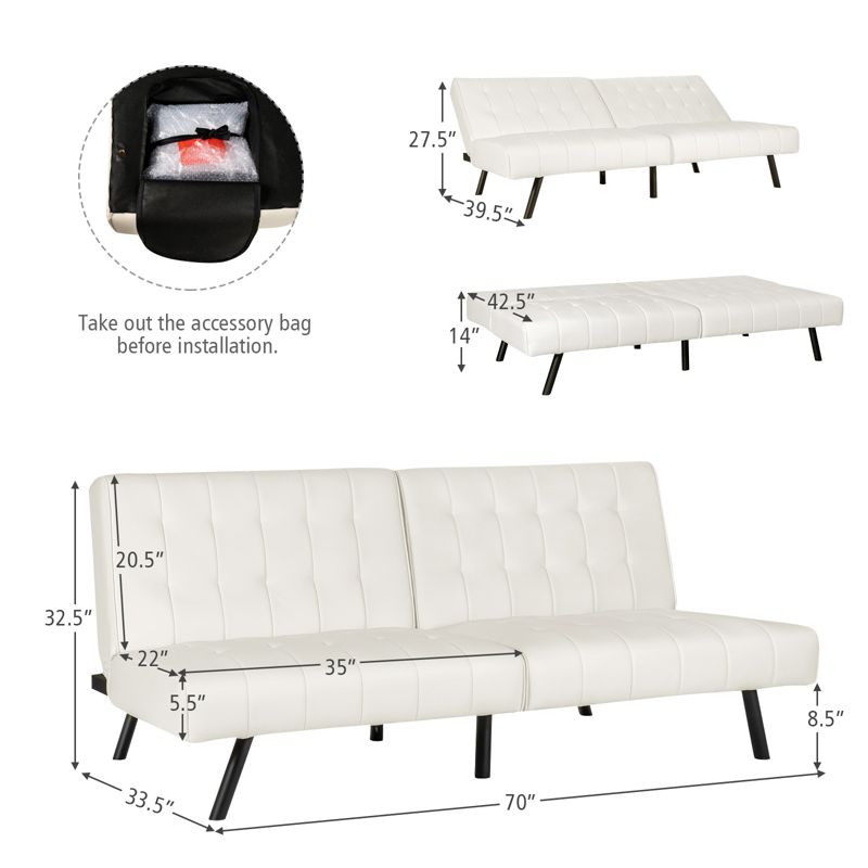 Costway Futon Sofa Bed PU Leather Convertible Folding Couch Sleeper Lounge White/Black/Grey, 4 of 11