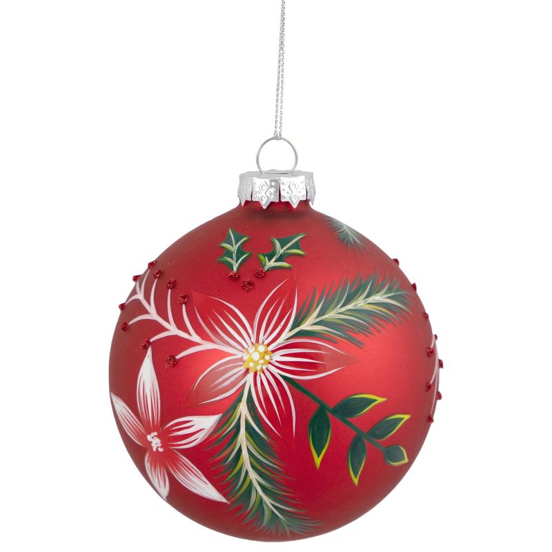 Northlight 4" Red Poinsettia and Holly Glass Christmas Ball Ornament, 1 of 5
