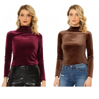 INSPIRE CHIC Women's Solid Turtleneck Velvet Long Sleeve Work Basic Velour Blouse 2 Packs