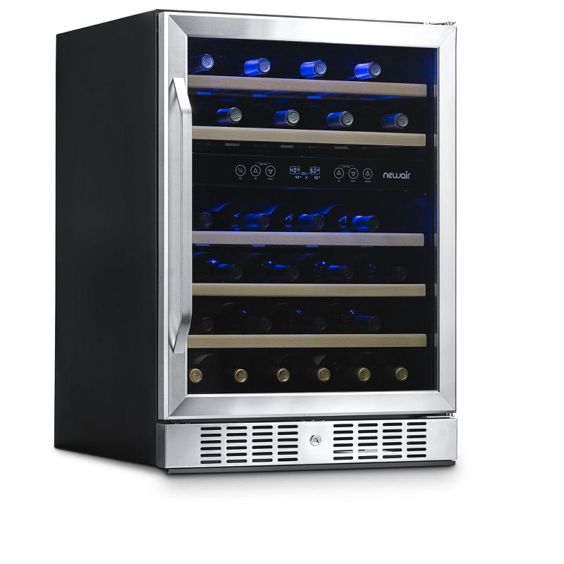 Newair 24” Wine Cooler, 46 Bottle Dual Zone Wine Refrigerator, Built-in Small Wine Fridge, Stainless Steel Mini Fridge with Reversible Door and Lock, 1 of 17