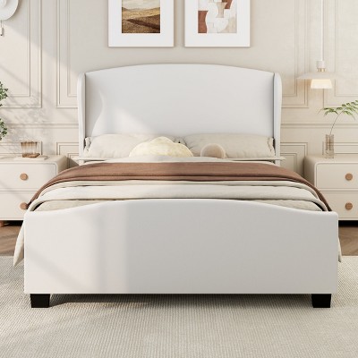 Queen Size Upholstered Platform Bed with 51" Wingback Headboard, Linen Fabric, Wood Slats, No Box Spring Needed