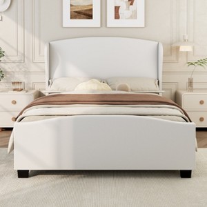 Queen Size Upholstered Platform Bed with 51" Wingback Headboard, Linen Fabric, Wood Slats, No Box Spring Needed - 1 of 4