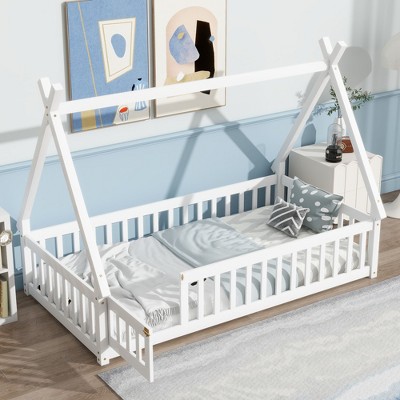 Okak Twin/Full Tent-shaped Floor Platform Bed with Guardrails/Door,Solid Wood Bed Frame for Kids,Teens,No Spring Box Needed