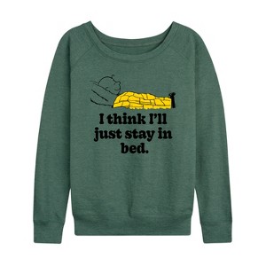 Women's - Peanuts - I Think I'll Stay In Bed Lightweight French Terry Wide Neck Long Sleeve Shirt - 1 of 4