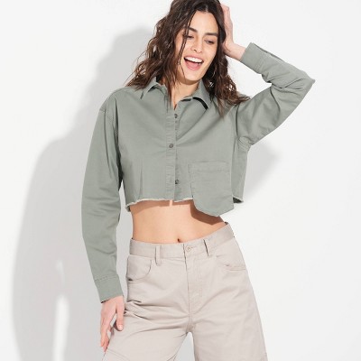 Women's Twill Utility Crop Shirt - Wild Fable™ Pewter Green L