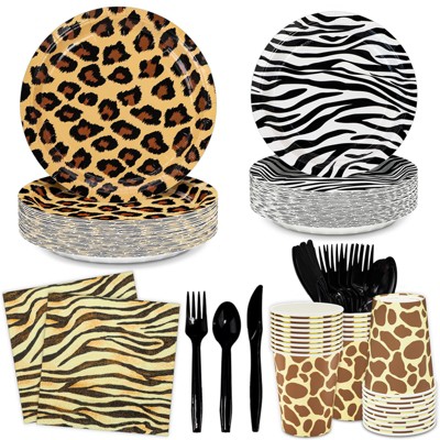 DYLIVeS 168pcs Zoo Animal Print Birthday Party Decorations,Leopard Print Dinner Plates Zebra Dessert Plates Tiger Napkins Giraffe Cups