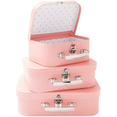 Okuna Outpost Set of 3 Different Sizes of Paperboard Suitcases with Metal Handles, Decorative Cardboard Storage Boxes, Pink