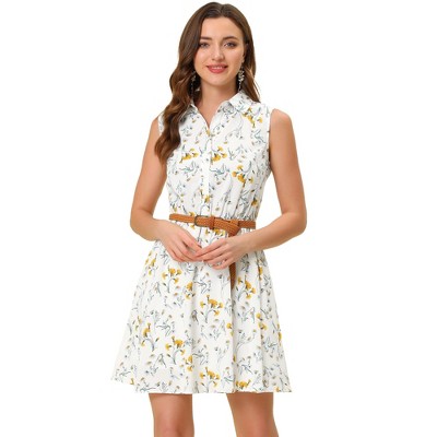 INSPIRE CHIC Women's Floral Sleeveless Half Placket Mini Belted Summer Dress
