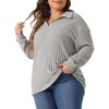 Agnes Orinda Women's Plus Size Collared Ribbed Brushed V Neck Solid Long Sleeve Polo Blouses - 2 of 4