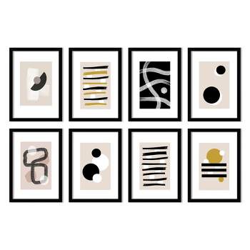 Neutral Shapes and Lines by Word Up Creative - Abstract mid century 8 Piece Black Framed Art Set - Americanflat