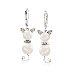 Ross-Simons 7.5-9mm Cultured Pearl and Diamond-Accented Cat Drop Earrings in Sterling Silver - 1 of 4