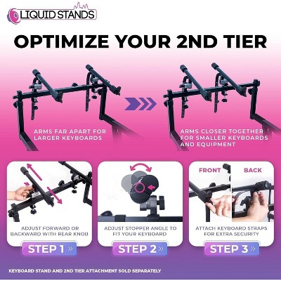 Adjustable Black Steel 2-Tier Keyboard Stand Attachment with Safety Straps