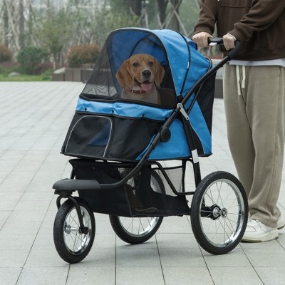 Blue and Black Foldable Dog Stroller with Adjustable Canopy