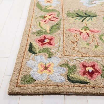 Beige Floral Hand-Knotted Wool Square Area Rug