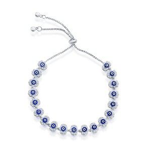 Bella Silver Sterling Silver Blue Enamel Evil Eye CZ Hamsa Adjustable Bolo Bracelet - Blue - 1 of 2