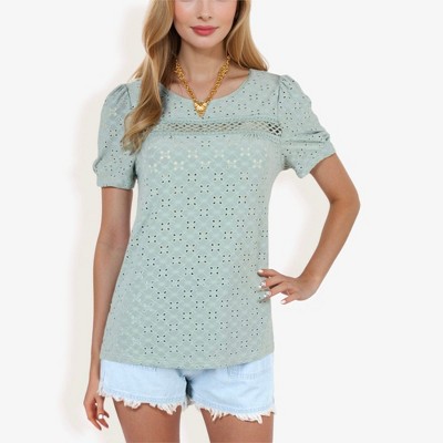 Anna-Kaci Women's Short Sleeve Eyelet Lace Top With Puff Shoulders And Crochet Details