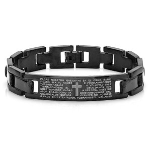 Steeltime Men's stainless steel padre nuestro prayer link bracelet. Color Options: Black, Gold - 1 of 4