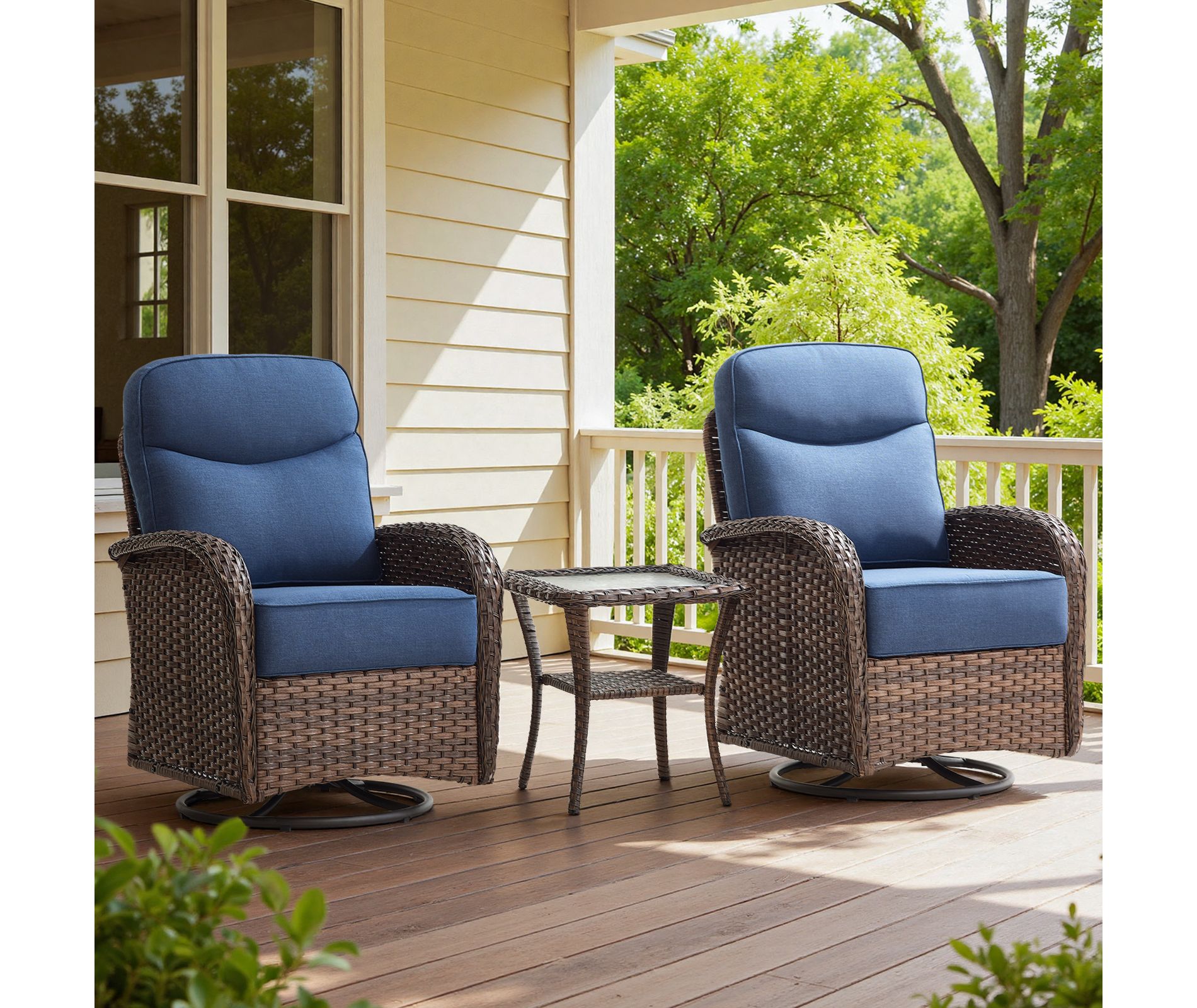 Belord Patio Swivel Chairs with 6-Inch Extra Thick Cushion, All-Weather Brown Wicker 3-Piece Patio Furniture Set with High Back Swivel Glider Chairs