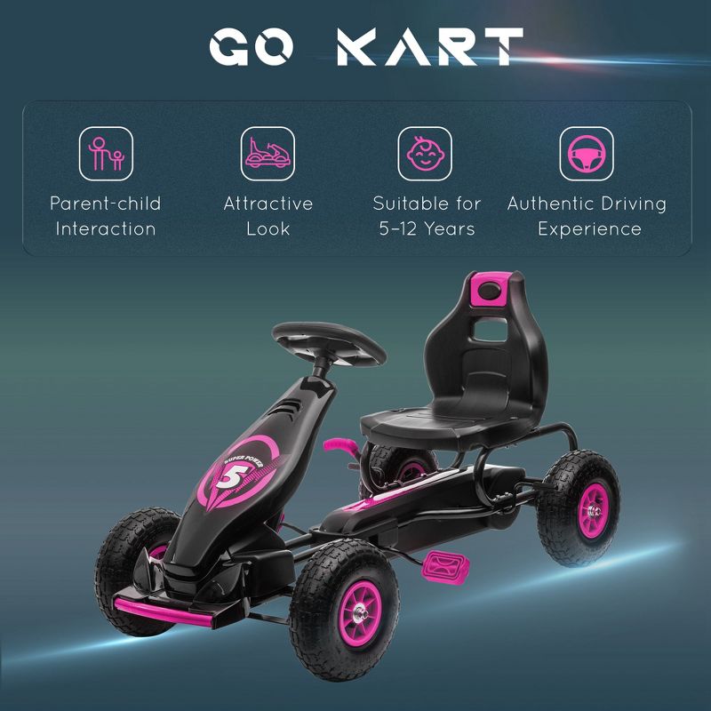 Aosom Ergonomic Pedal Go Kart Kids Ride-on Toy, Pedal Car with Tough, Wear-Resistant Tread, Go Cart Kids Car for Boys & Girls, Ages 5-12, 6 of 9