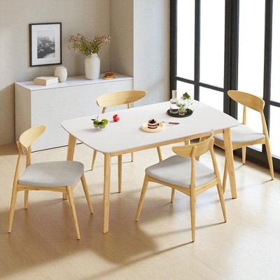5-Piece Mid-Century Modern Dining Table Set with Faux Wood Top and 4 Upholstered Chairs, Solid Rubberwood Frame for Kitchen or Dining Room