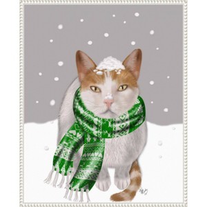 23"x28" Amanti Art White Cat Green Scarf by Fab Funky Framed Canvas Wall Art - 1 of 4