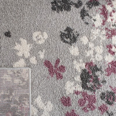 Light Grey and Purple Floral Synthetic Area Rug