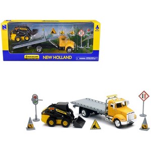 Peterbilt Roll-Off Flatbed Truck Yellow and New Holland L228 Skid Steer Yellow with Road Signs 1/43 Diecast Model by New Ray - 1 of 3