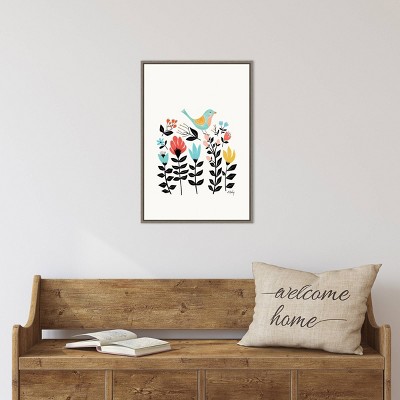 27" x 19" Multicolor Framed Canvas Print with Bluebird and Flowers