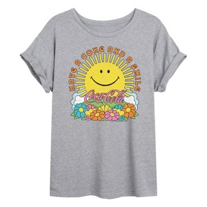 Women's - Coca-Cola - Have A Coke and Smile Retro Groovy Sun and Flowers Oversized Graphic T-Shirt - 1 of 4
