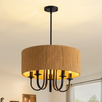 Ludomide 19" Bohemian Rattan Drum Chandelier, 5-Light Round Candle Pendant Light Fixture, Farmhouse Woven Cage Chandelier For Dining Room