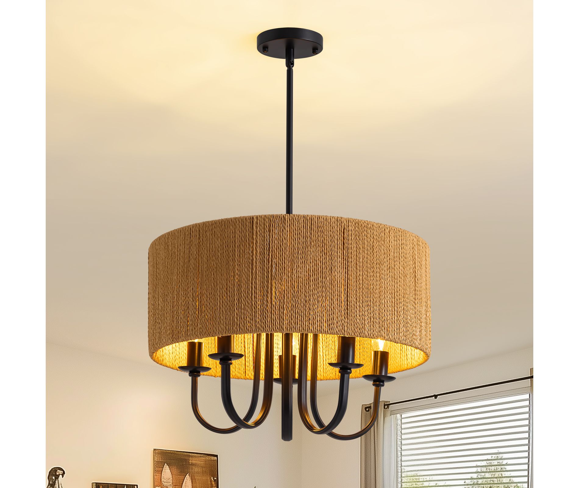 Ludomide 19" Bohemian Rattan Drum Chandelier, 5-Light Round Candle Pendant Light Fixture, Farmhouse Woven Cage Chandelier For Dining Room
