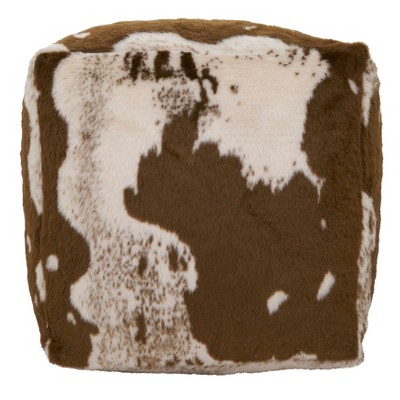 Brown and White Faux Fur Cow Hide Pouf, 20" x 20" x 14"