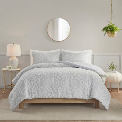 Gray and White Tufted Medallion Full/Queen Duvet Cover Set