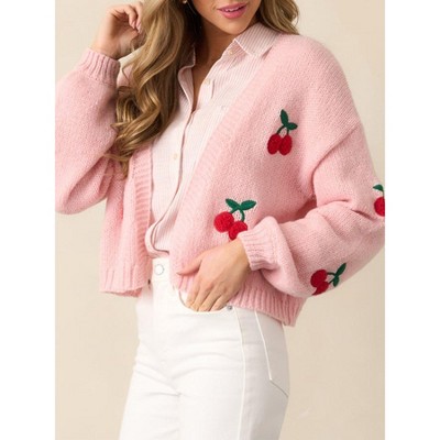 Coolmee Women's Summer Cardigans Loose Fit Ribbed Cuff Sweaters Cropped Long Lantern Sleeve Open Front Cherry Embroidery Knit Shrugs S Pink