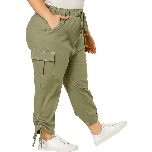 Womens Cargo Pants Multi-Pocket Drawstring Elastic Waist Long