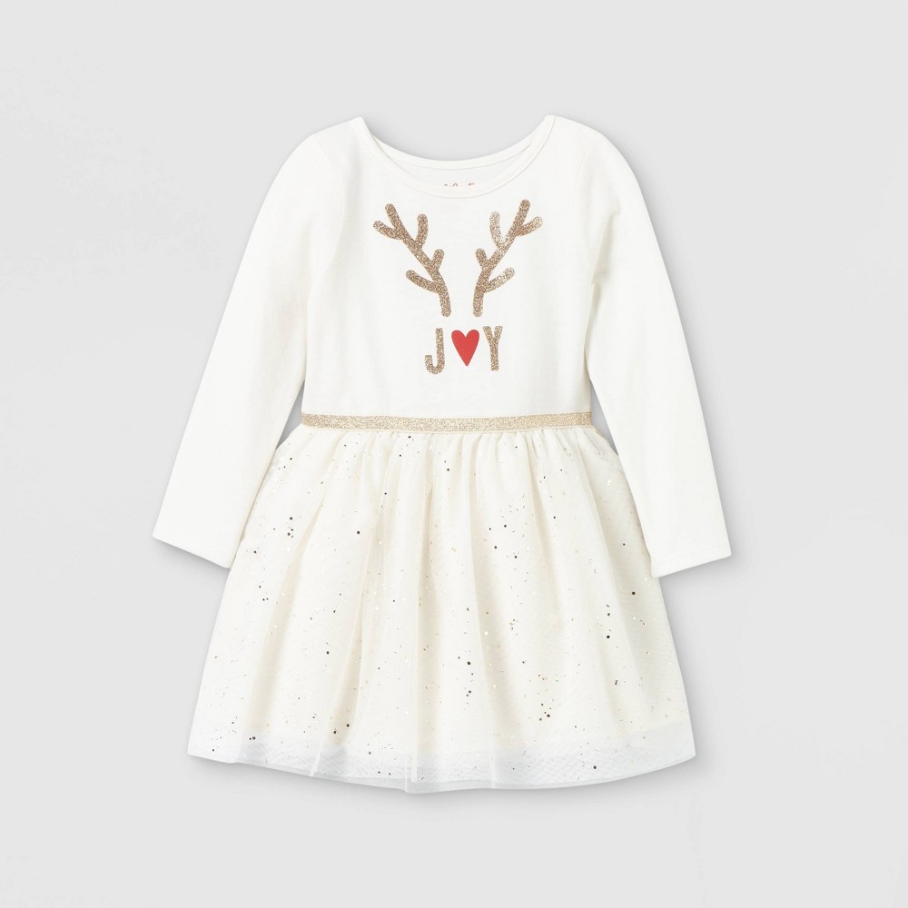 size 5T Toddler Girls' Glitter Deer Long Sleeve Tutu Dress - Cat & Jack Cream, Ivory