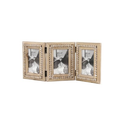 Olivia & May Wood Beaded Photo Frame Brown: Modern Style, 3-Photo Display, 4"x6", Tabletop Decor, Glass Window