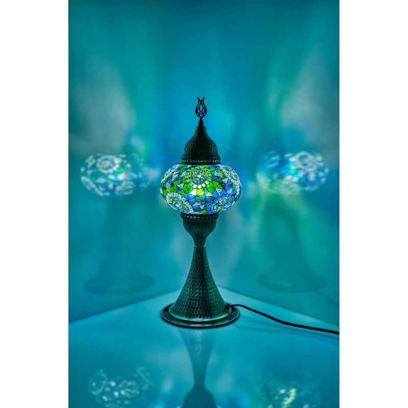Kafthan 16 in. Handmade Elite Turquoise Separated Circles Mosaic Glass Table Lamp with Brass Color Metal Base, 2 of 3