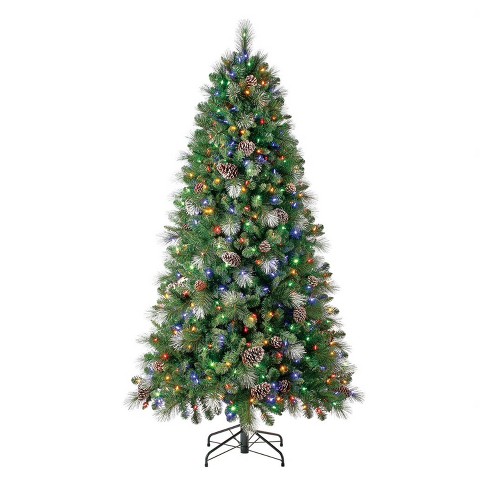 Home Heritage Lincoln 7 Foot Prelit Decorated Artificial Holiday Tree with Multicolored Lights, Pine Cone, and Silver Glitter - image 1 of 4