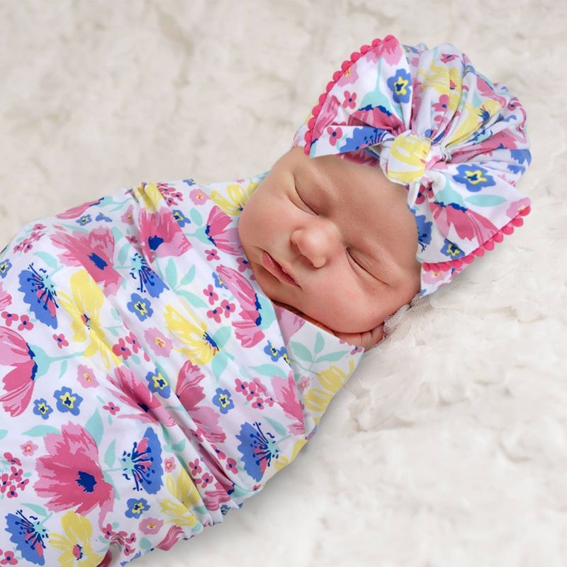 Baby Essentials Floral Swaddle Blanket and Turban Set, 3 of 4