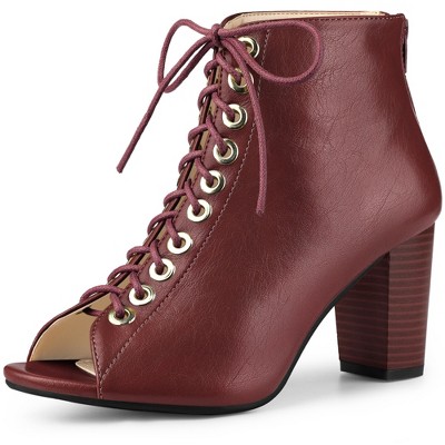 Allegra K Women's Peep Toe Lace Up Chunky Heel Ankle Booties