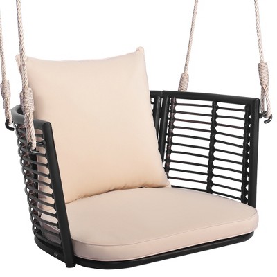 Tangkula Outdoor Metal Porch Swing Single Person Hanging Seat w/ Woven Rattan Backrest Porch Backyard